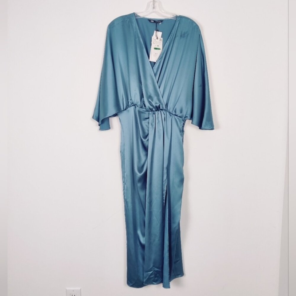 Zara Womens Satin Maxi Dress in Teal Size Large  Evening Party Cocktail